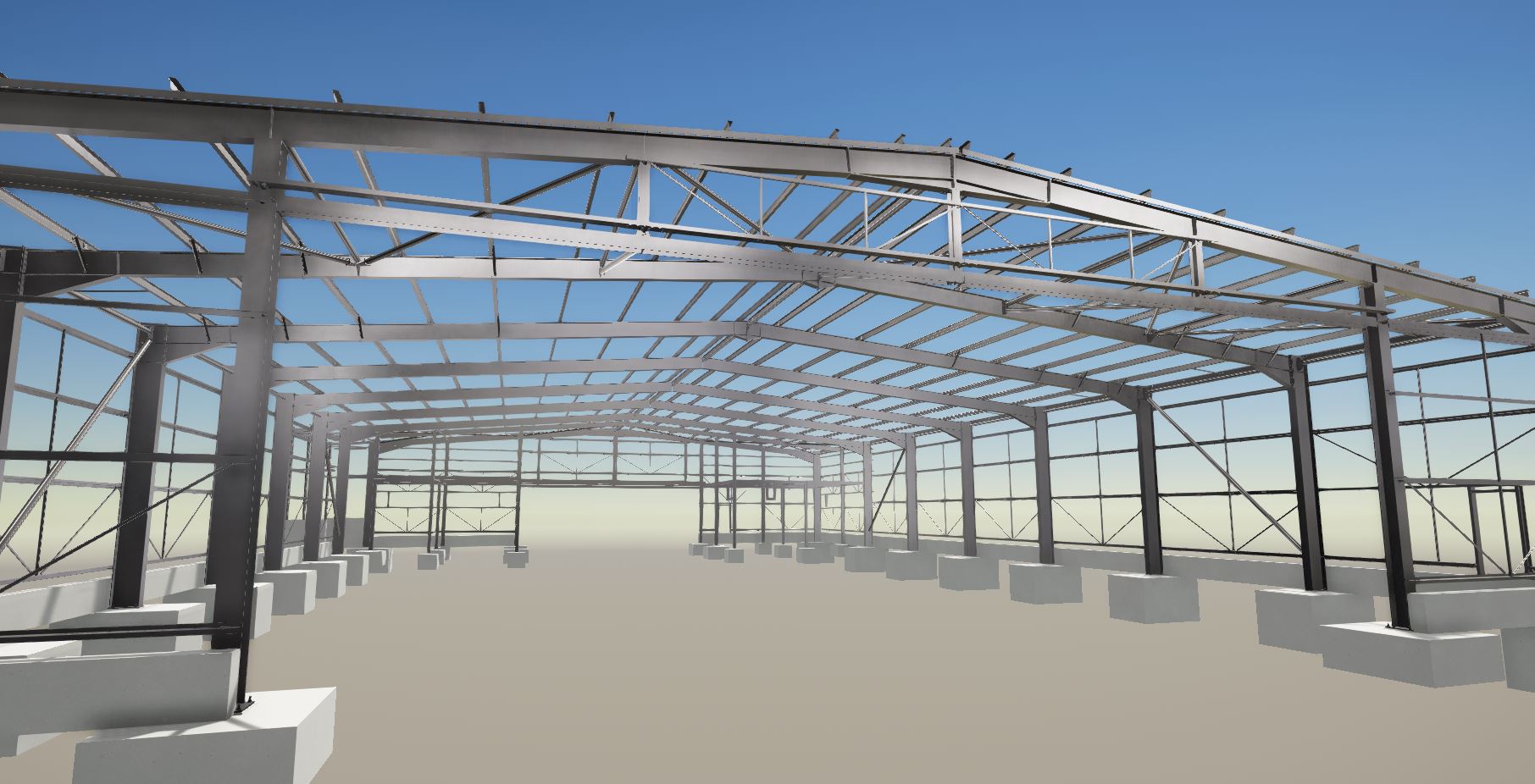 3D visualisation of an industrial steel frame structure, illustrating the design and layout of a large-scale building by Riteweld Engineering.