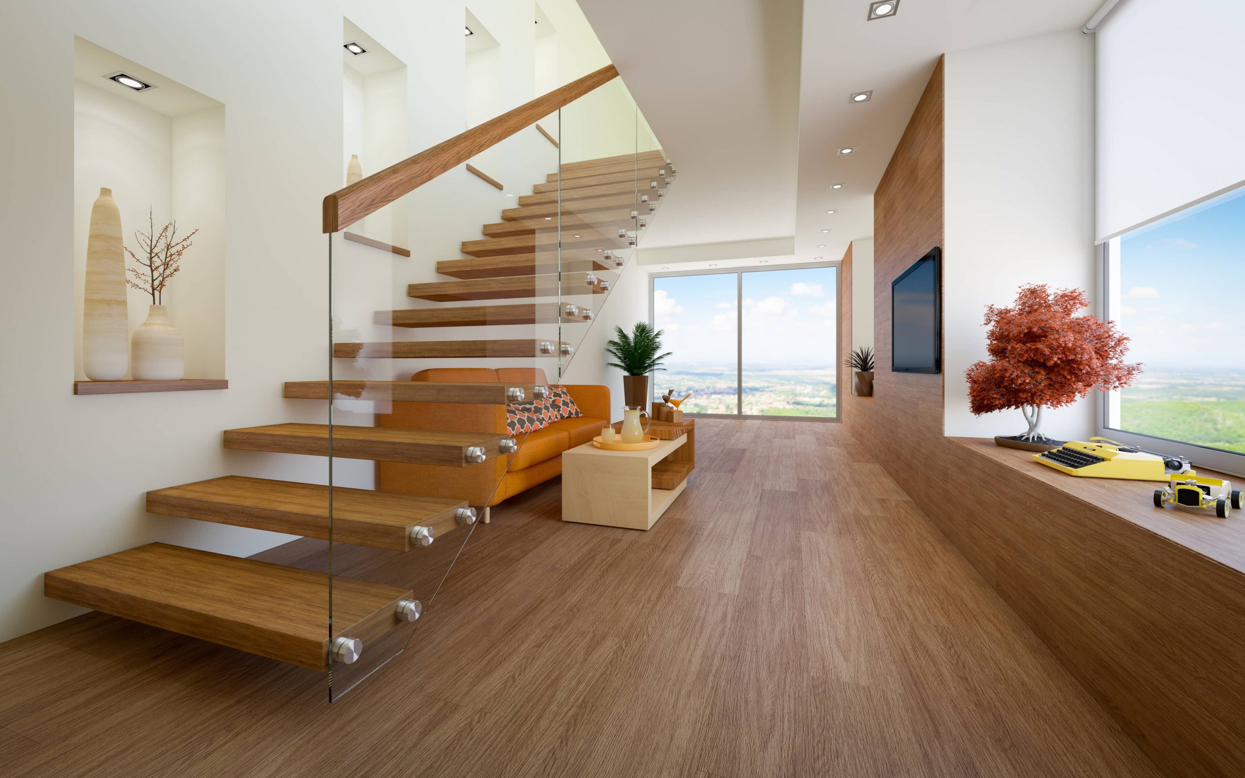 Modern straight staircase with floating timber treads, glass balustrades, and a minimalist design in a contemporary home, crafted by Riteweld Engineering.