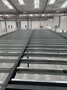 View from above showing mezzanine steel frame ready for flooring installation in an Oxfordshire warehouse